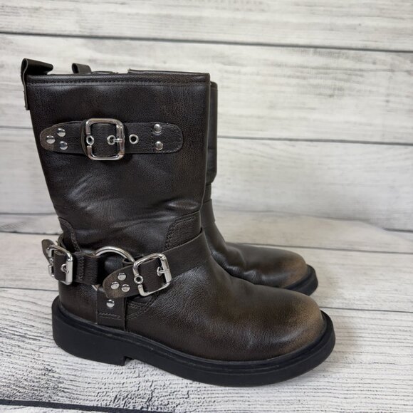 Zara Girl's Distressed Motto Biker Boots Size 32 - Picture 3 of 10